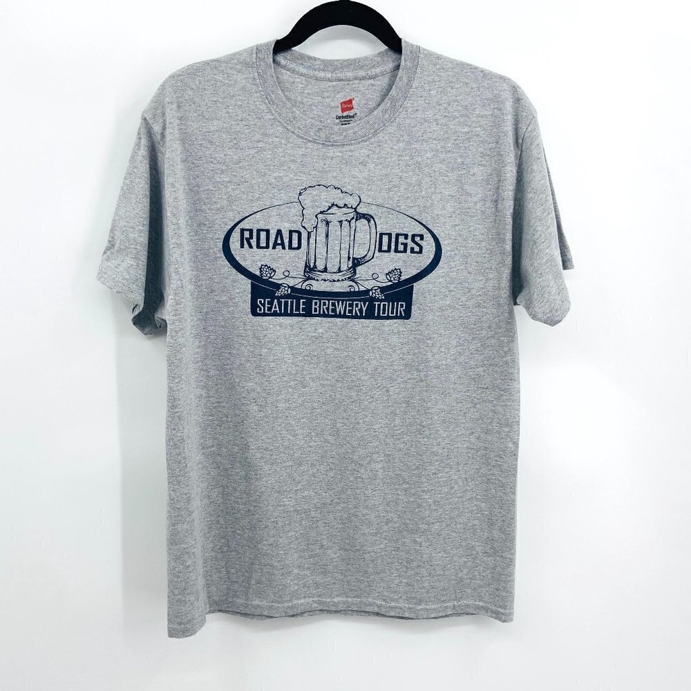 HANES Gray Navy Blue Road Dogs Seattle Brewery Tour Short Sleeve T-Shirt Medium